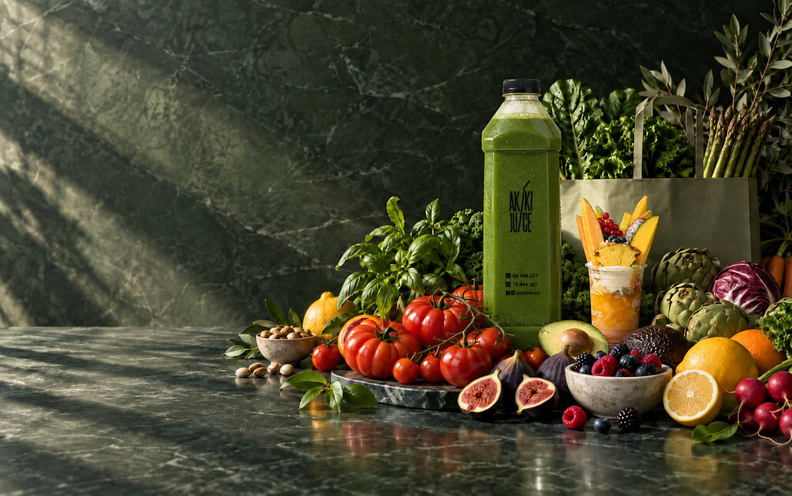 Fresh produce with a 1.5-liter Akiki Juice bottle and fruit cocktail